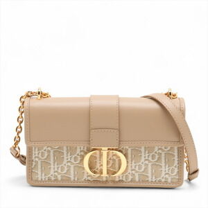 Christian Dior Montaigne Oblique Canvas Leather Chain Shoulder Bag Beige